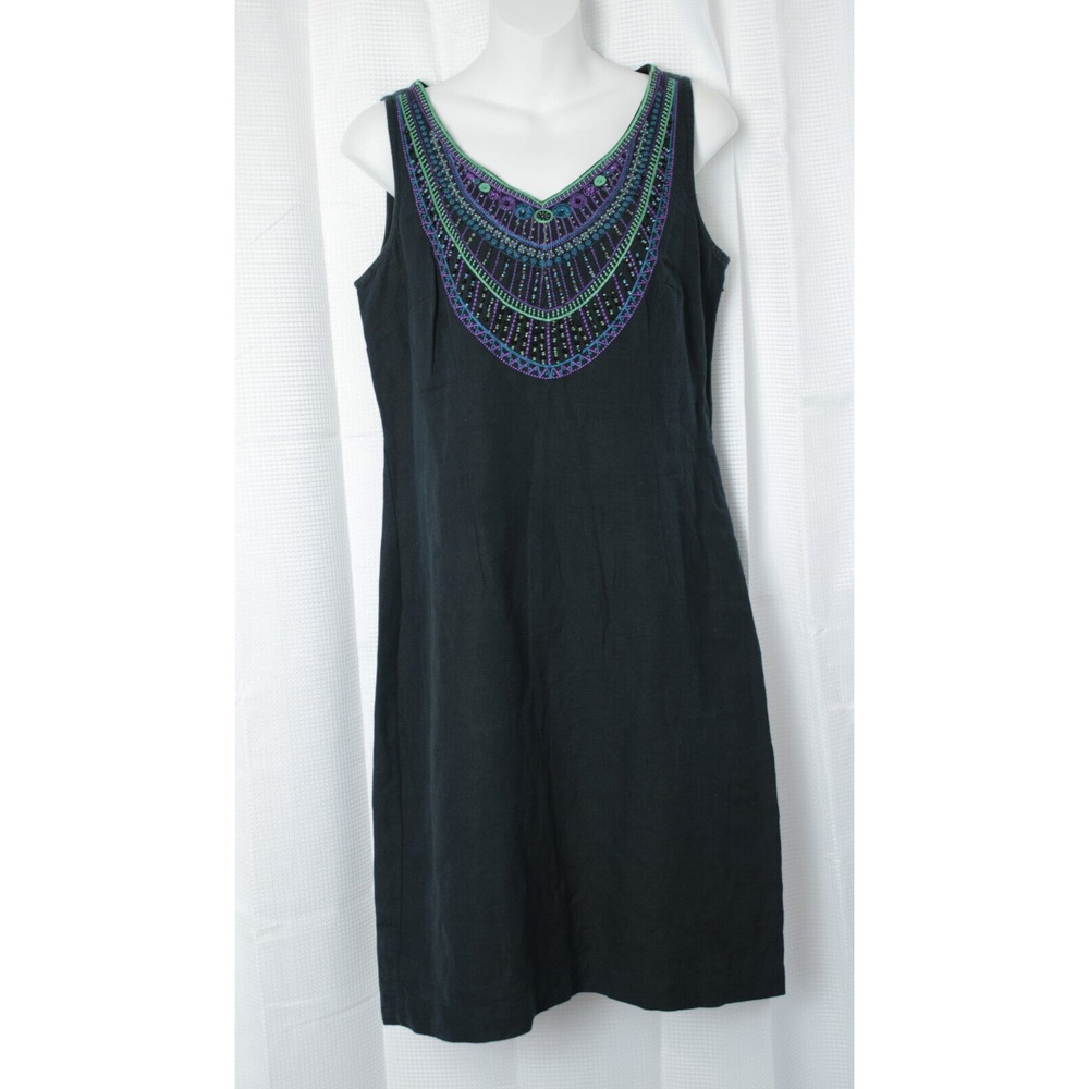 Per Una Shift Dress Beaded Embroidered Flax Linen Blend Women 10 Dark Blue Boho
